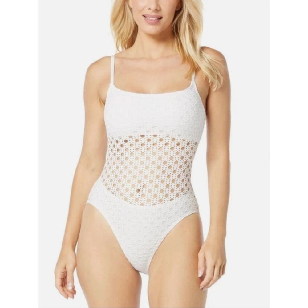 New Carmen Marc Valvo White Crochet One-Piece Swimsuit Size 14